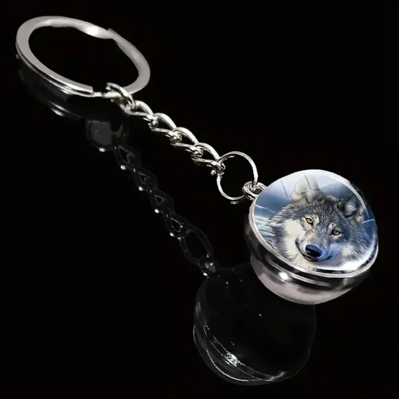 Wolf Head Keychain/Bag Charm With Blue Background Double Sided New in Packaging - Image 2