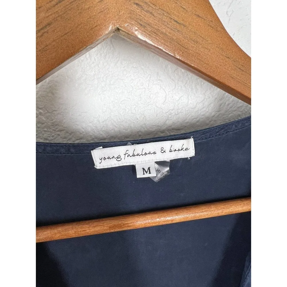 Young Fabulous Broke Navy Cupro Peasant Top Medium M Satin Balloon Sleeves - Image 2