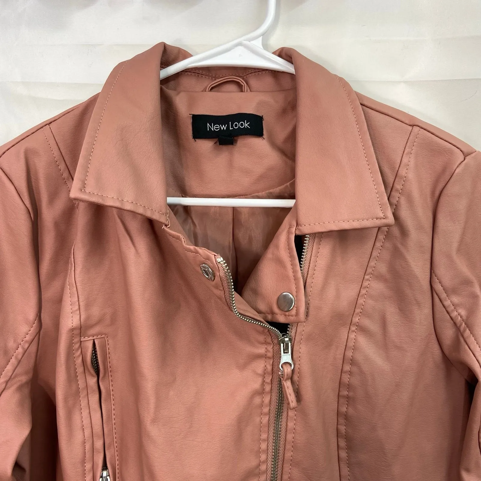 New Look women's mauve pink faux leather zip collared pocket lined jacket large - Image 3