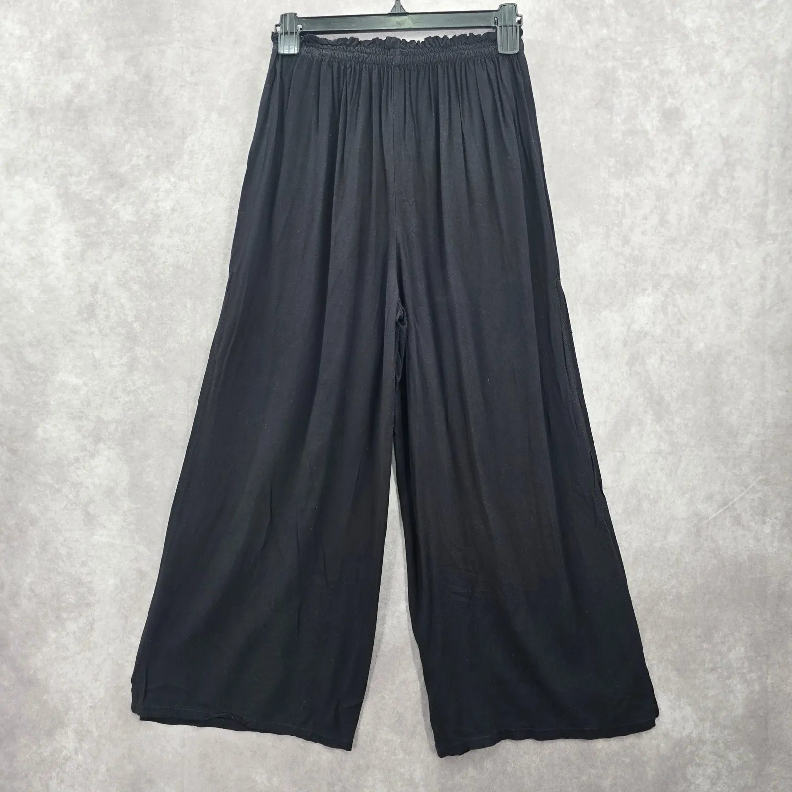 Black Wide Split Flowy Straight Beach Vacation Lounge 90s Pullon Boho Pants XS - Image 8