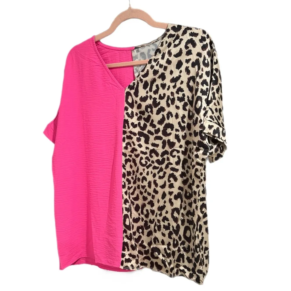 Contrast Pink & Leopard Colorblock V Neck Boutique Top Short Sleeve Shirt - Image 8