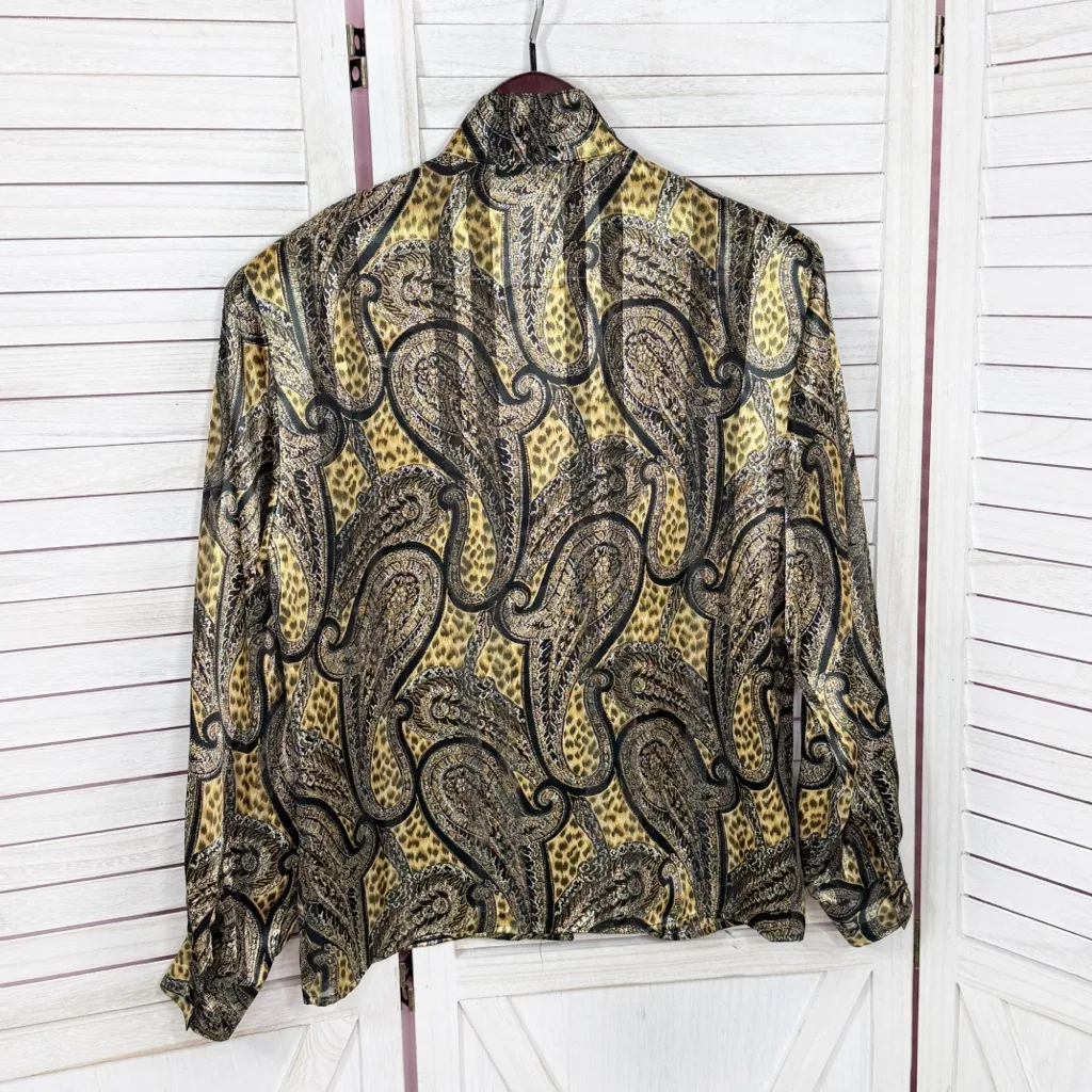 Vintage 80s Tess Paisley Leopard Print Satin Mock Neck Blouse Black Tan Size 8 - Image 8