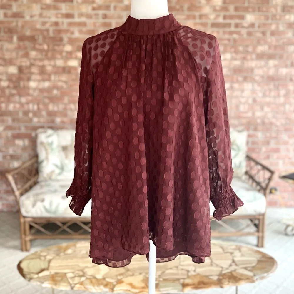 NWT DR2 Top Polka Dot Mock Neck High Low Rust M Boho High Neck Long Sleeve Red Size M - Image 2