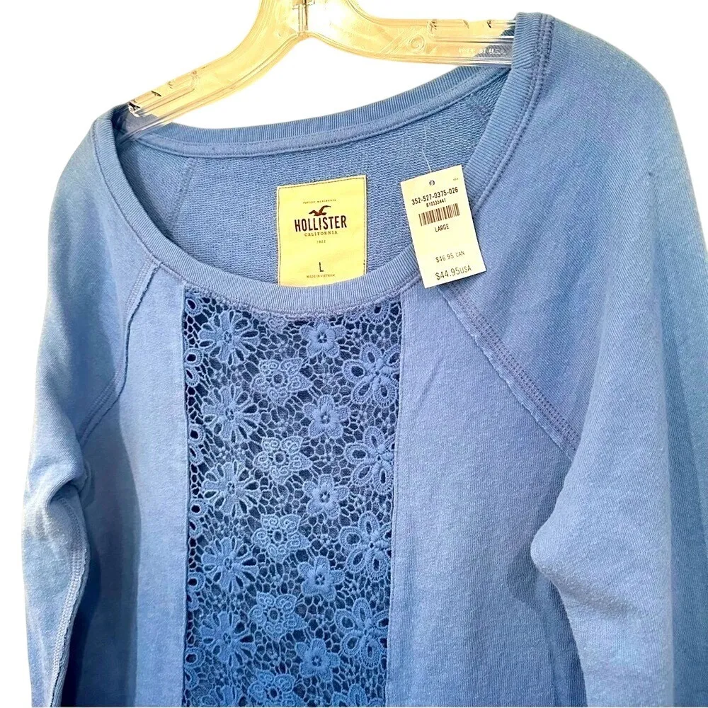 Hollister Scoopneck Lace Sweatshirt Women's Large Blue Ombre Feminine Distressed - Image 2