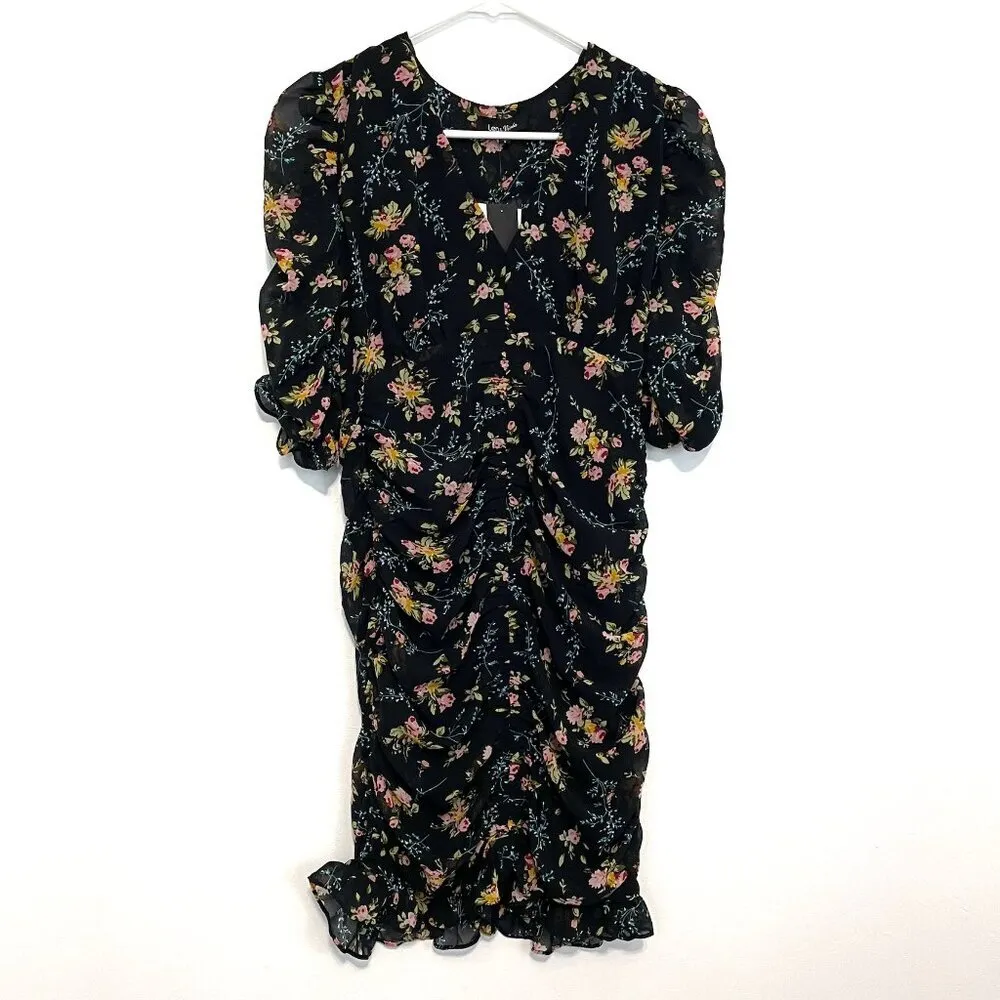 NEW NWT LEA VIOLA Shirred Floral Mini Dress Black Pink Multi Ruched Bodycon S - Image 2