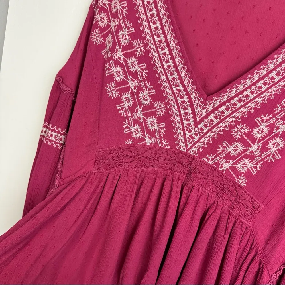 American Eagle Embroidered Boho Top Sz XL Pink Balloon Sleeves - Image 7