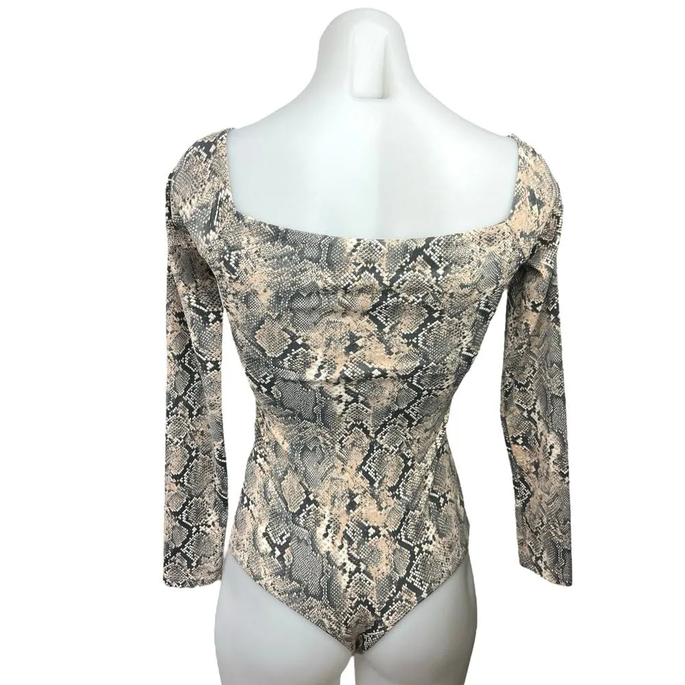 Bershka Gray Animal Snakeskin Print Square Neck l Long Sleeve Bodysuit Top Sz M - Image 2