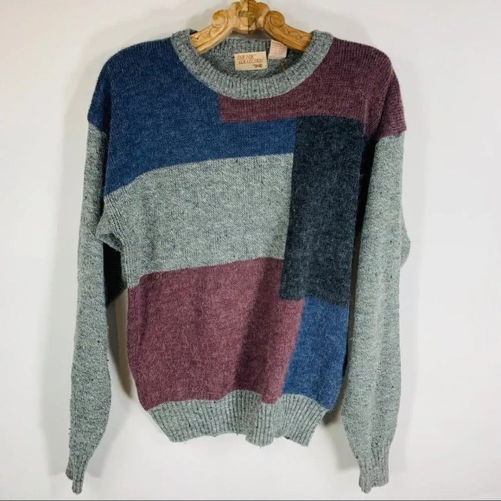 Heathered Colorblock Wool Dad Sweater 90s Medium Gray - Image 3