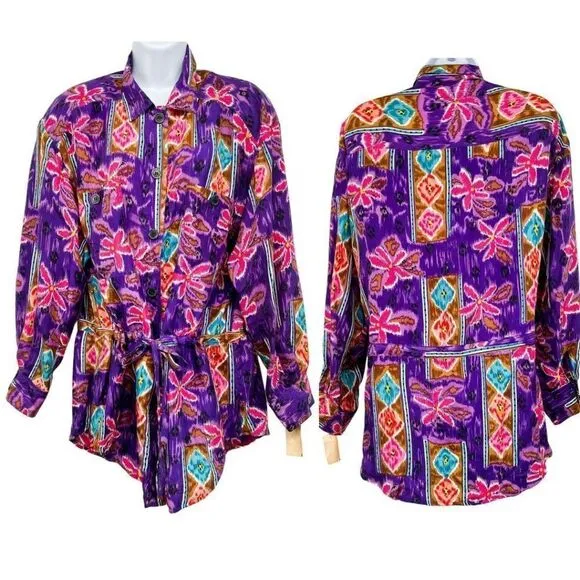 Vintage 80's Leslie Fay 100% Silk Abstract Colorful Retro Print Tunic Blouse - Image 2