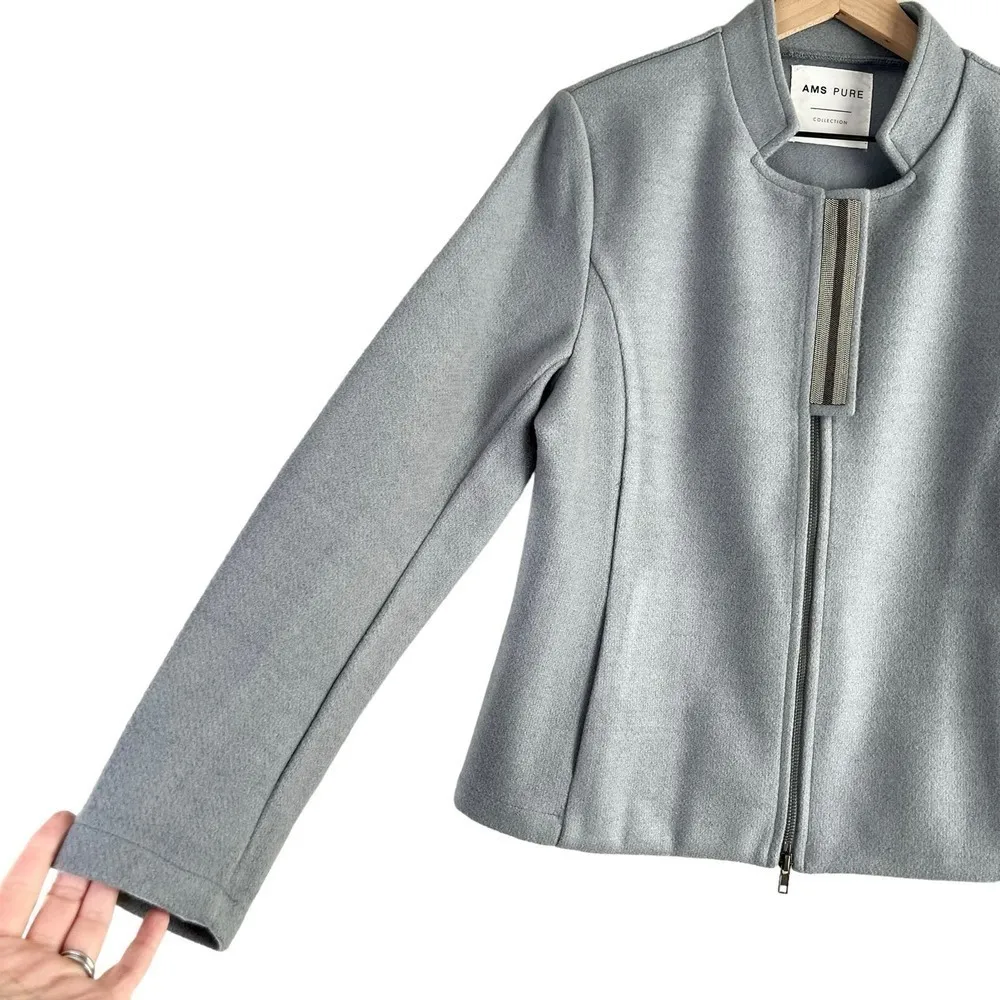 AMS Pure Wool Blend Mockneck Zip Front Blazer Jacket in Light Grey Blue, Size 12 Gray - Image 7