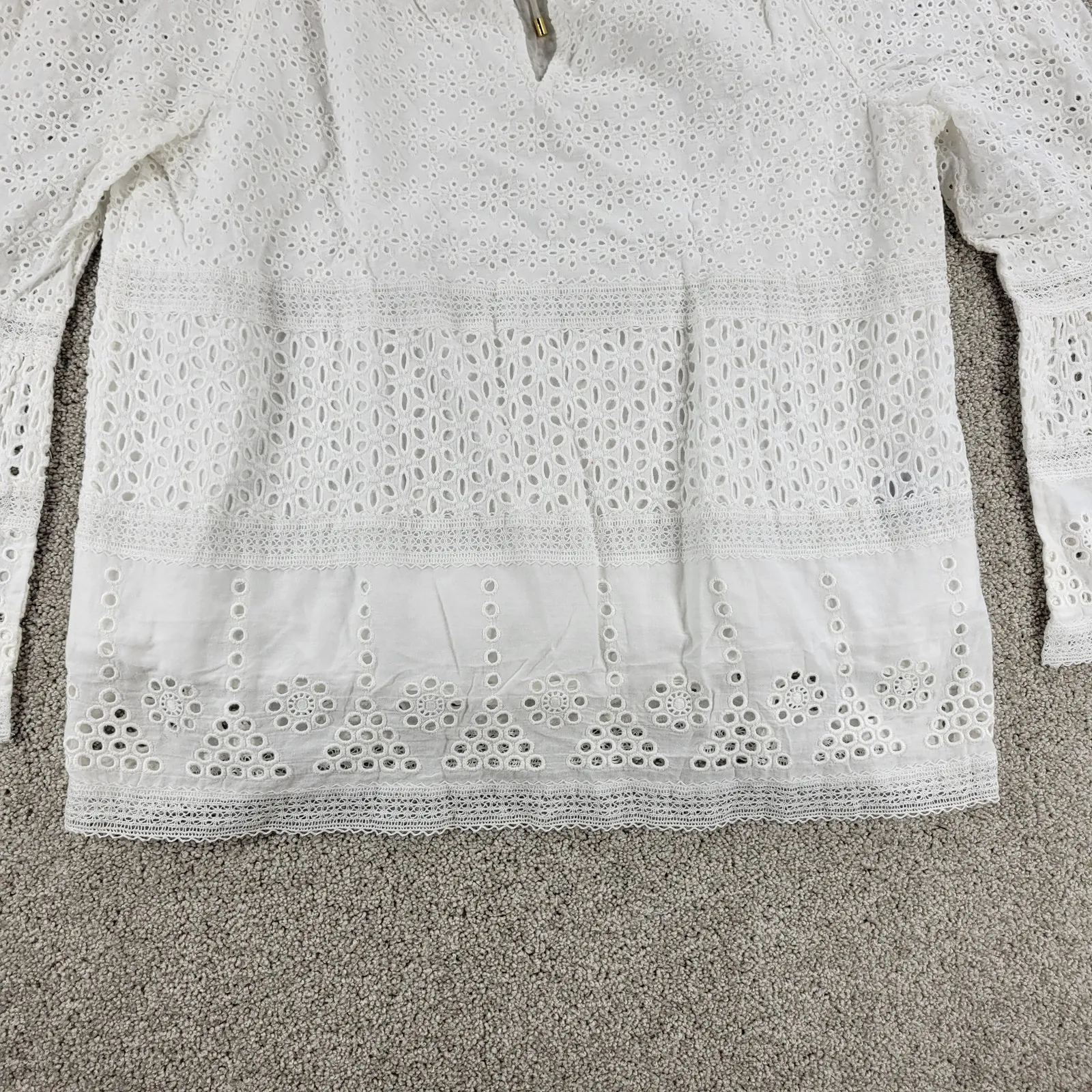 Lauren Ralph Lauren‎ Eyelet Lace Large White Wide Keyhole Neck Bell Sleeve Lined - Image 7