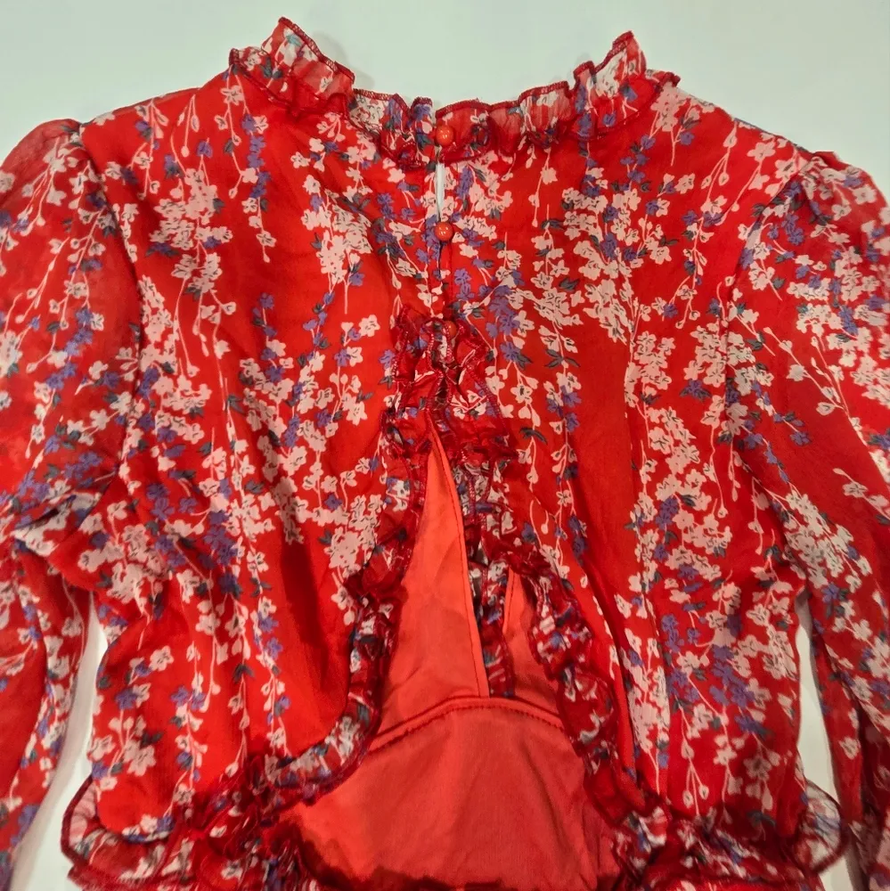 R.Vivimos Long Sleeve Floral Boho Mini Dress in Red Floral Size M - Image 10