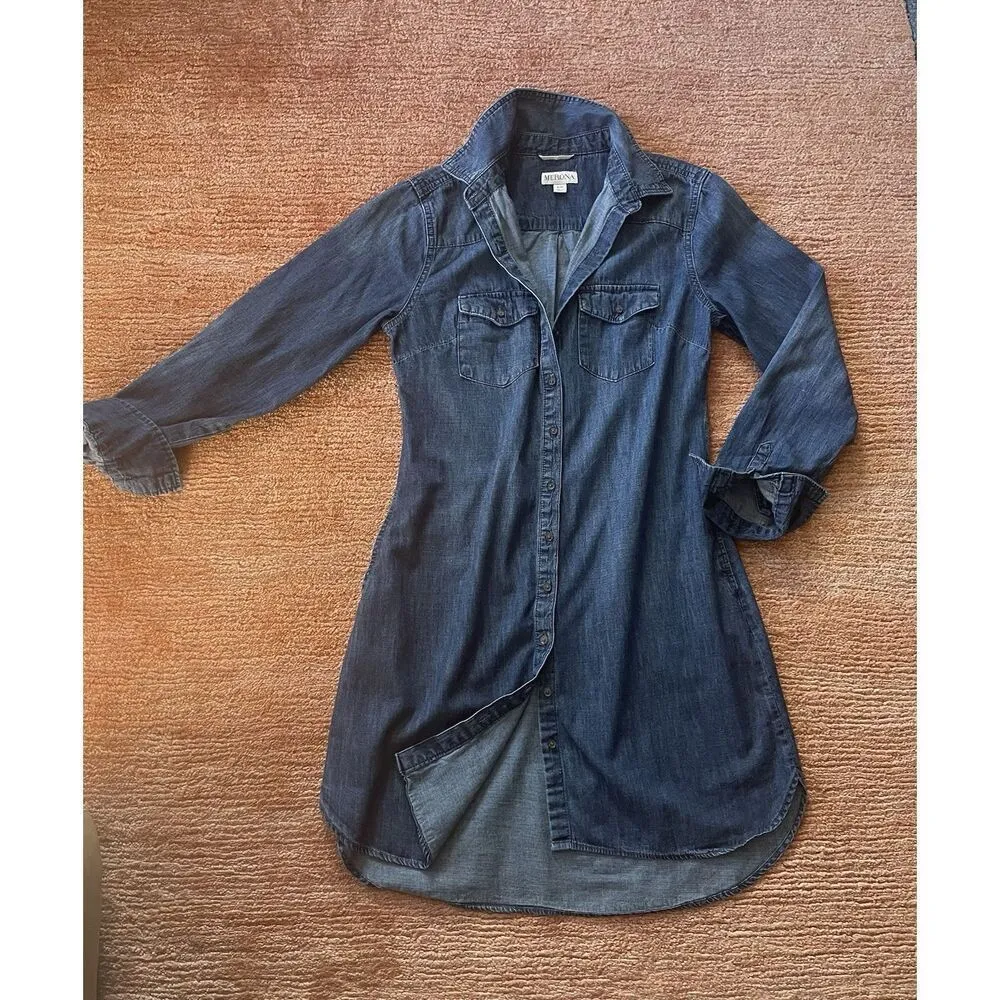 Merona Denim Shirt Dress S/P Button Front Long Sleeve 100% Cotton Pockets - Image 2