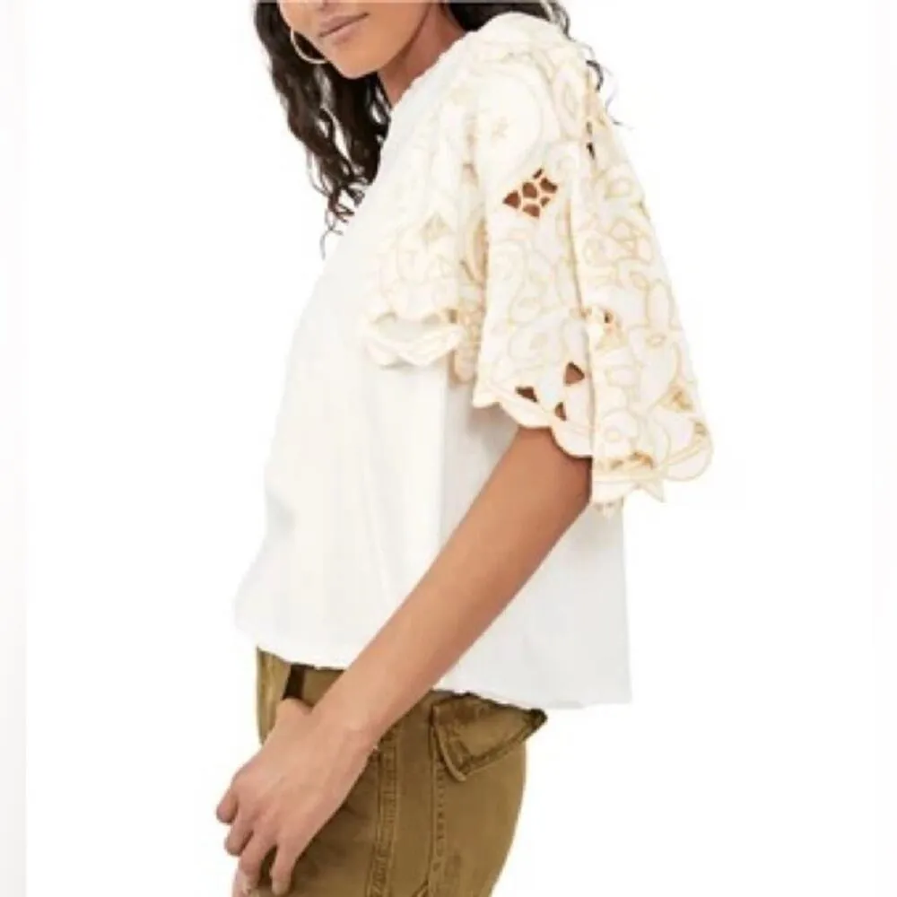 NWT Free People Lace Flare Sleeve Top White Embroidered Trimmed Sleeves S $148 - Image 4