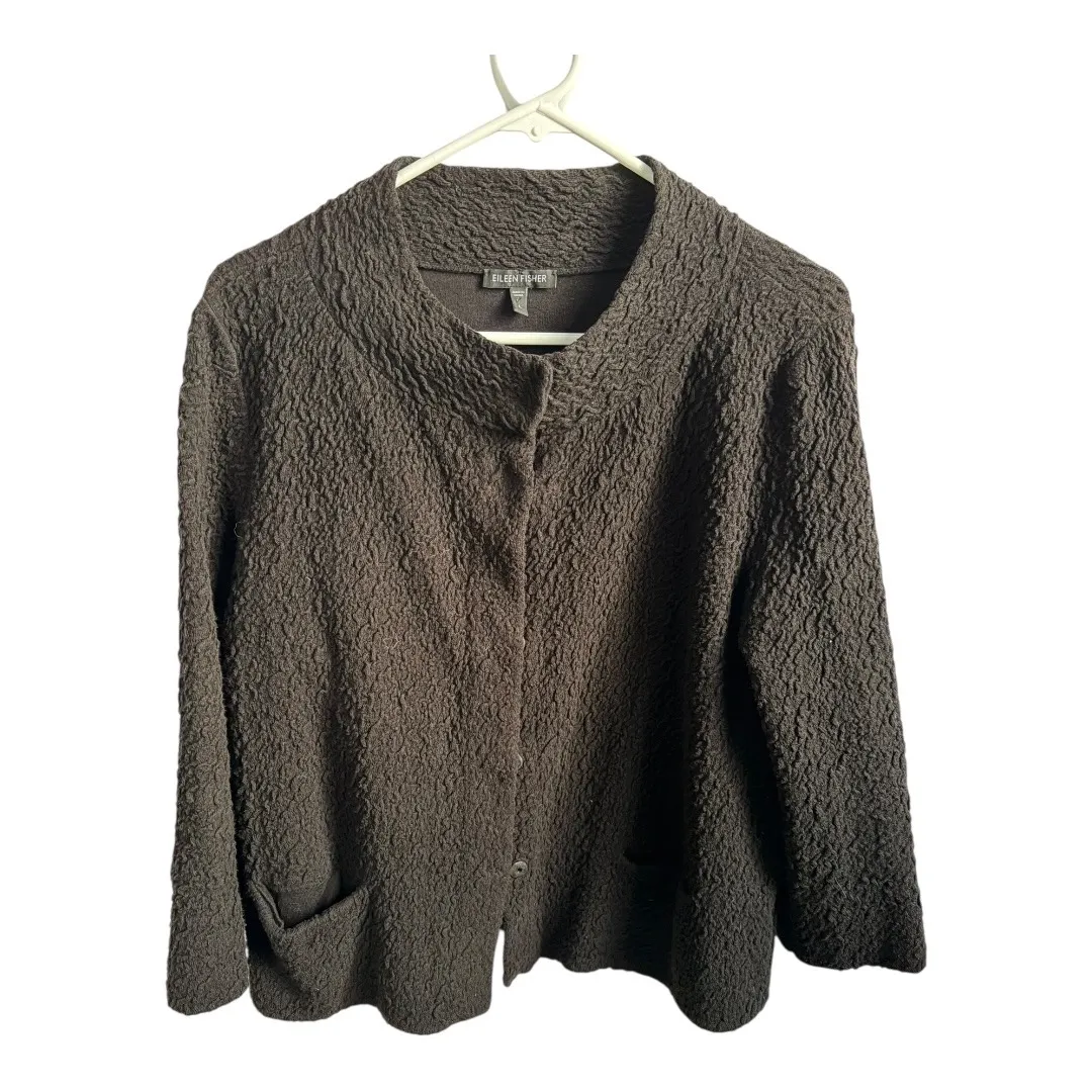 Eileen Fisher System Woman SZ L black textured knit snap hidden button cardigan - Image 2