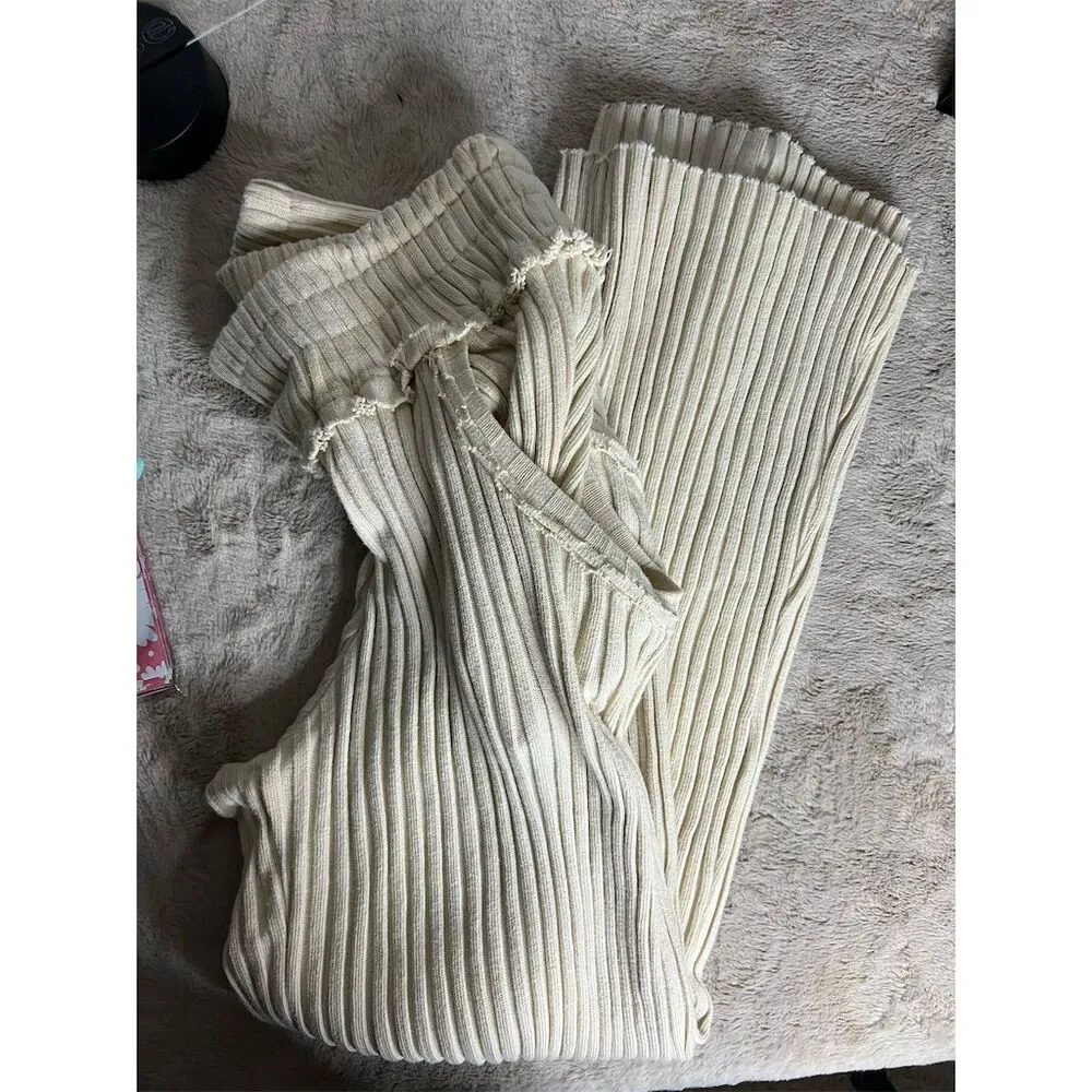 Free People Women's Wide-Leg Ribbed Knit Pants Beige XS Casual - Image 7