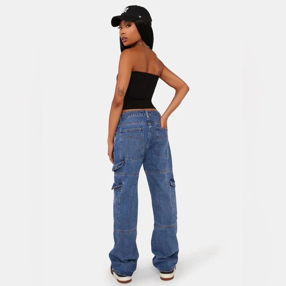 Edikted Jaimie Cargo Jeans Baggy Fit Pockets Low Waist Blue Denim Y2K NEW Size L - Image 12