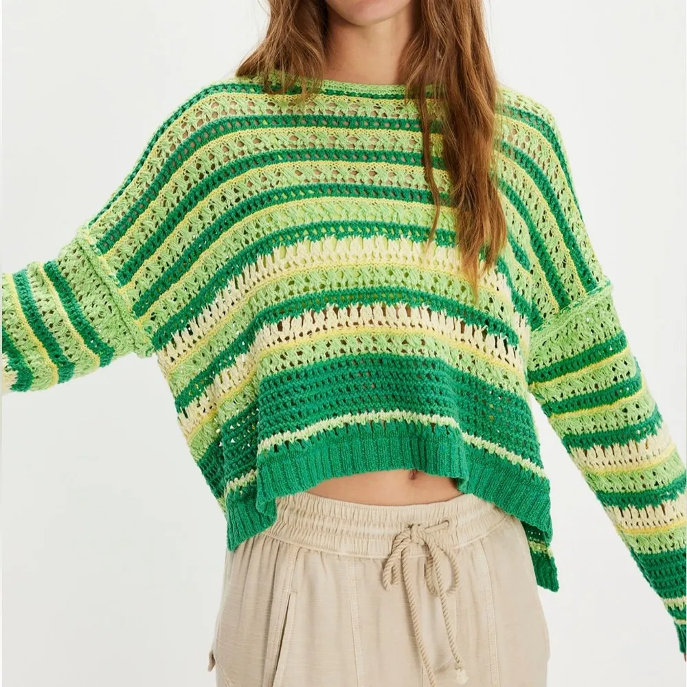 #49 NWT Free People Madelyn Pullover in Enchanted Lime Combo - Image 2