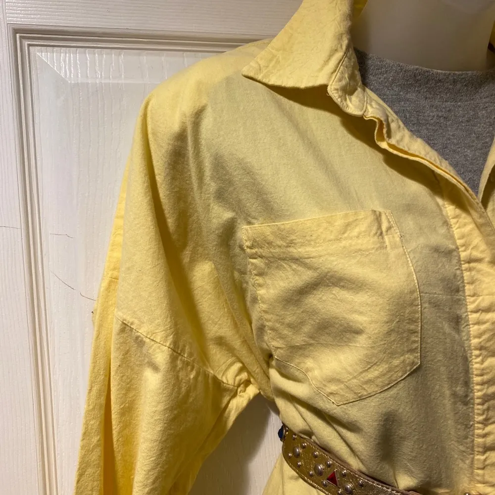 80’s Vintage 1980’s Norma Kamali Shirtdress Yellow cotton S BIG shoulder pads - Image 2