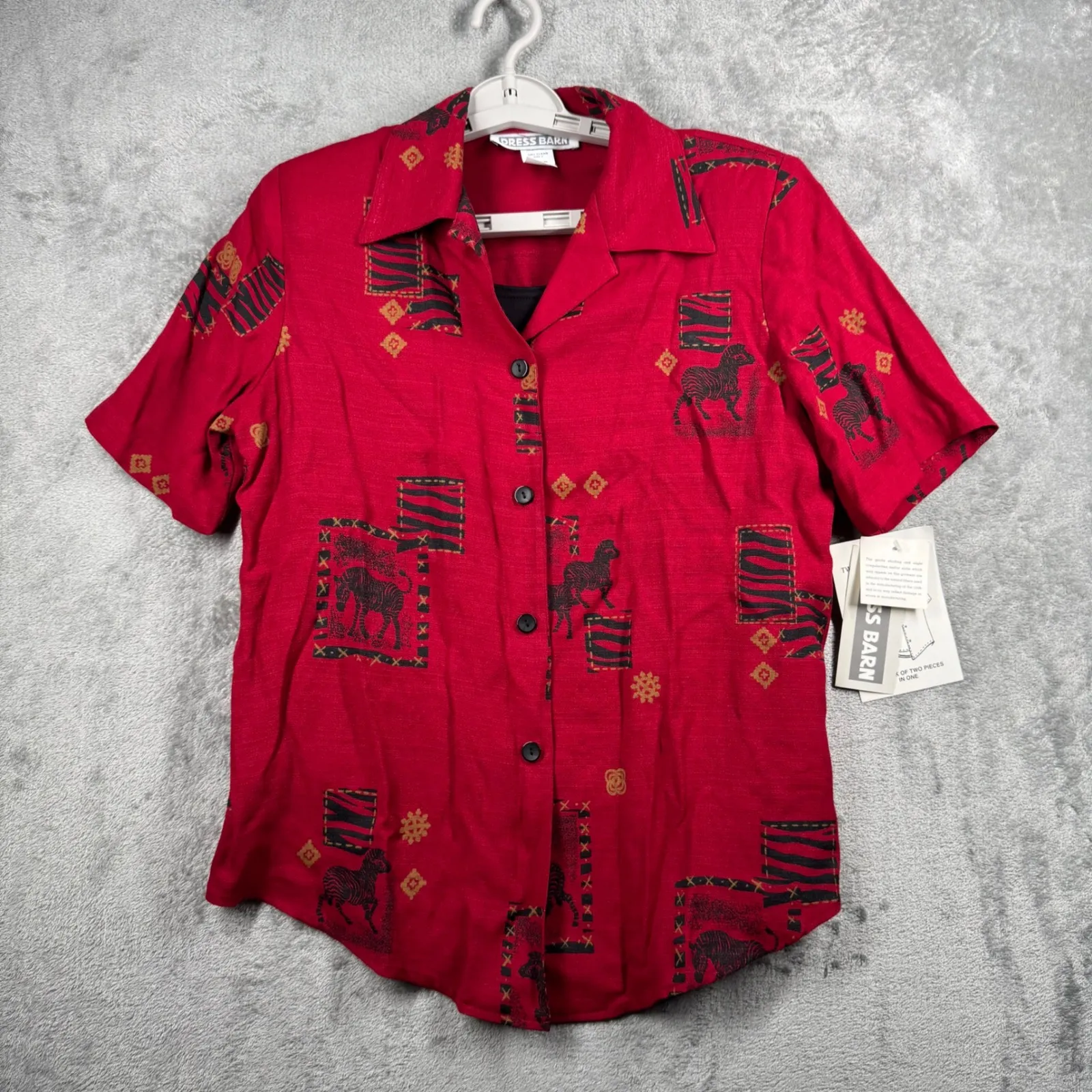 Dress Barn Blouse Medium Red Black Zebra Print Shirt 90s Boho Safari Vintage - Image 2
