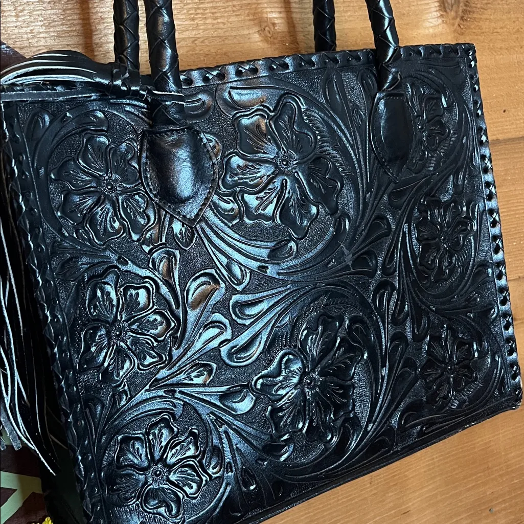Que Chula Marcos Black Leather Handmade Woven XL Tote Purse Braid Tooled Mexico - Image 4
