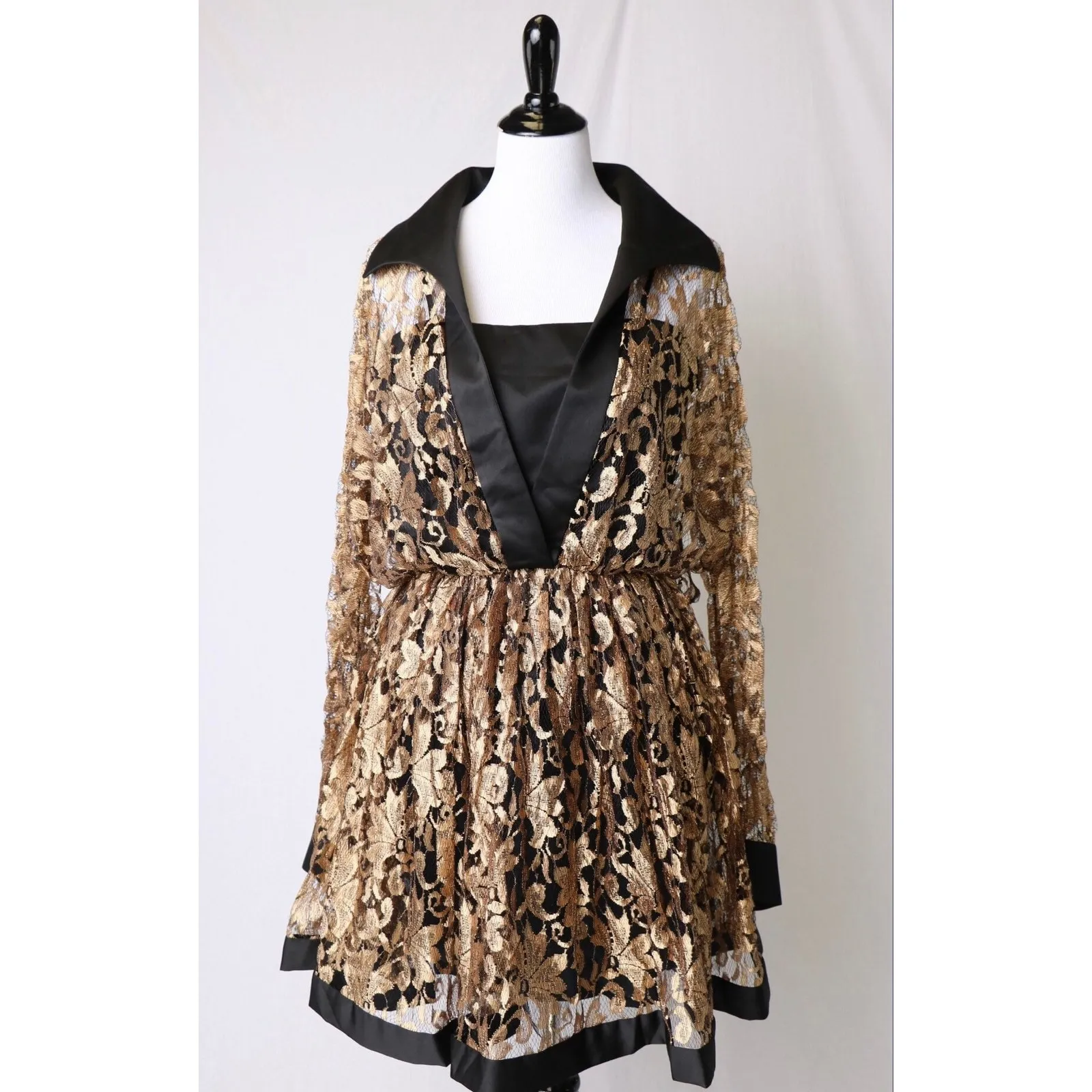 Oleg Cassini BlackTie II Antique Gold Lace and Black Shirt Dress Medium - Image 2