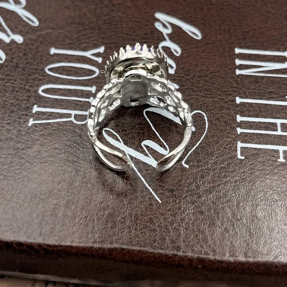 Handcrafted Purple Striped Glass Oval Cabochon Silver Stainless Steel Ring - Image 4