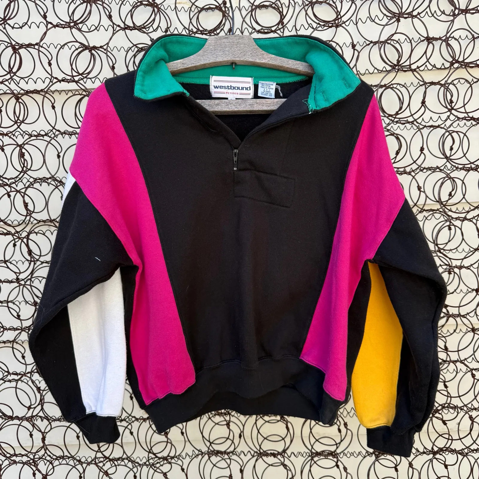 Vintage 80s Westbound Neon Color Block 1/4 Zip Crop Sweatshirt Petite Small Black Size undefined - Image 1