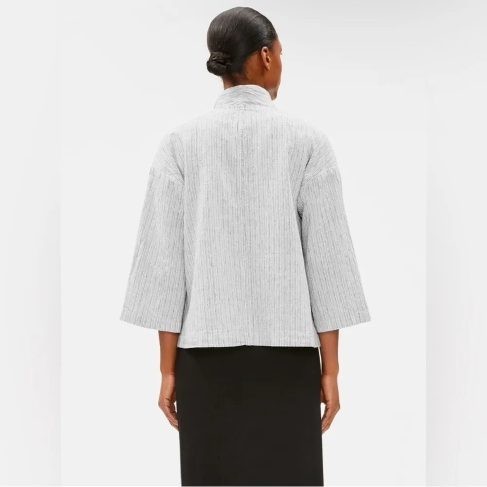 Eileen Fisher Organic Linen-Cotton Blend Ticking Stripe Jacket in White Size XS - Image 12
