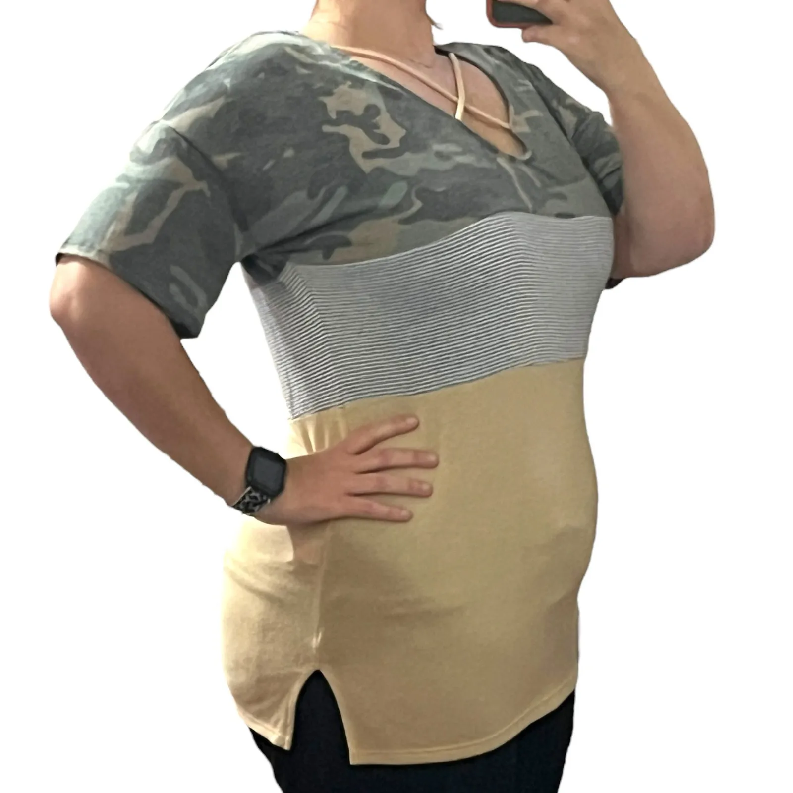 First Love (M) Camouflage Striped Colorblock Cross Front Short Sleeve Tee - Image 4