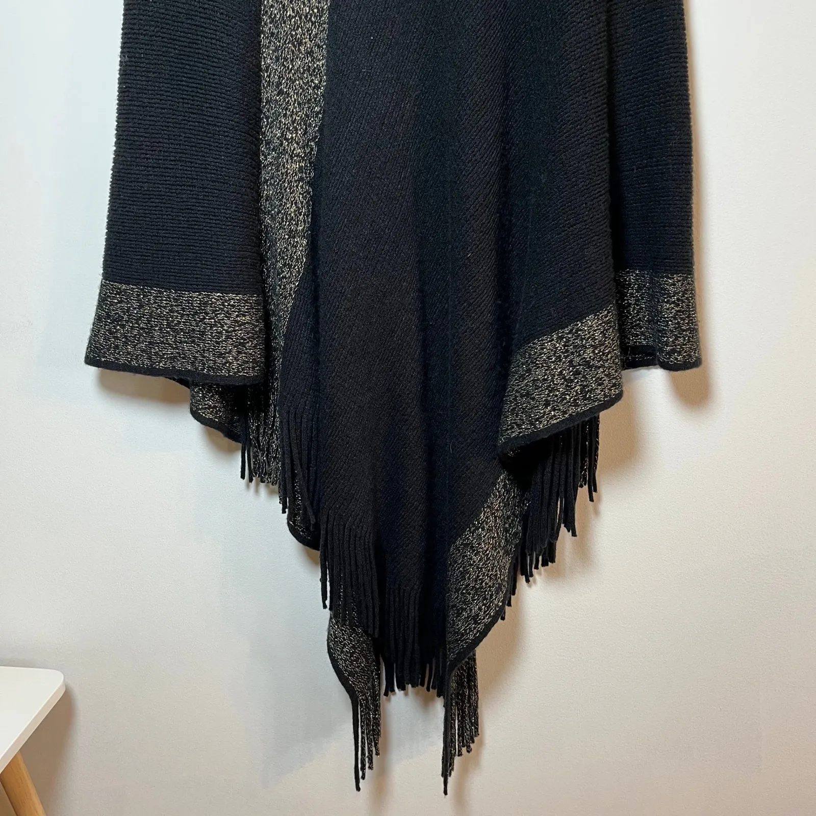 Cejon Y2K Black Poncho Cape Gold Metallic Fringe Boho Fall One Size Fits Most - Image 8