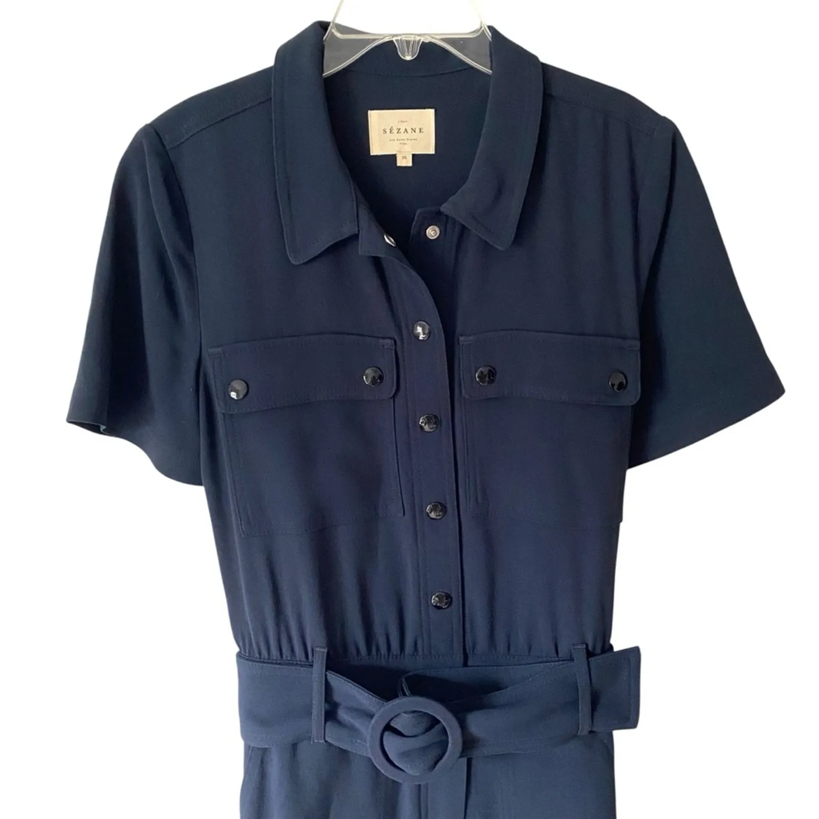 Sezane Manhatt Navy Blue Belted Jumpsuit size 36 US 4 - Image 3