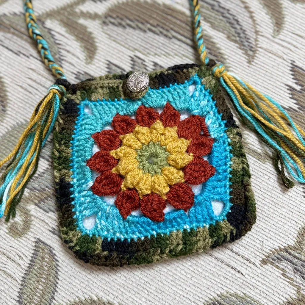 Handcrafted Crochet Bag Mini Purse Multicolor Yarn Flower Southwest - Image 2