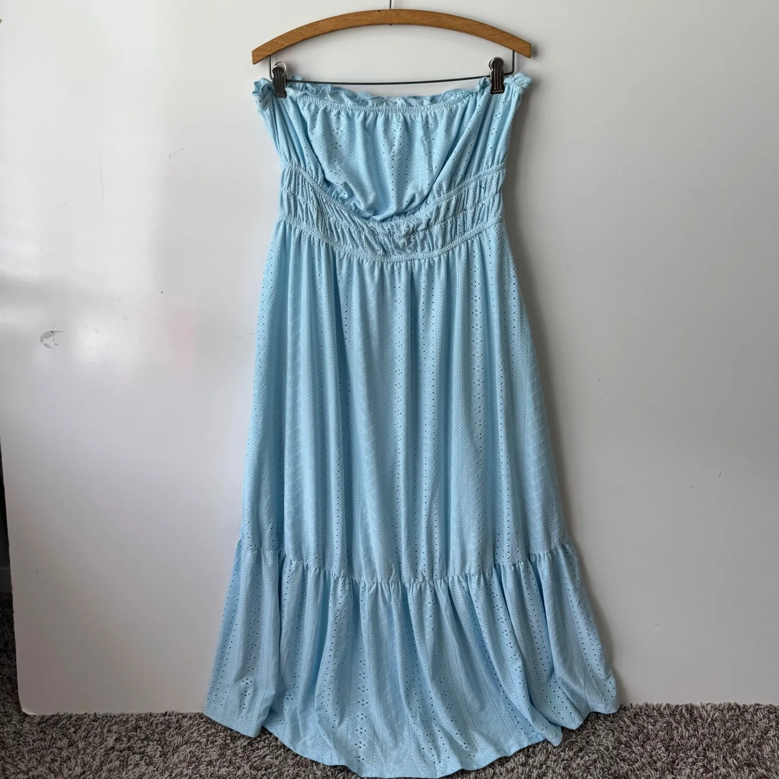 Eyelet Maxi Dress Strapless Ruffle Trim Smocked‎ Blue Dress Size M Size M - Image 2