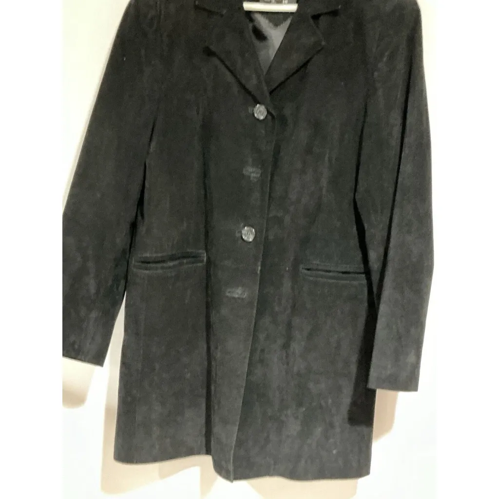 Womans Dennis Basso Small Black Suede Button Up Lined Coat - Image 2