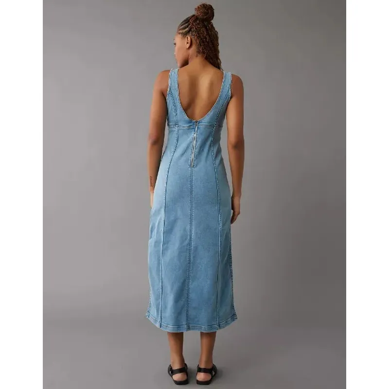 AMERICAN EAGLE Denim Scoop Neck Maxi Dress Size 4 Light Wash Midi Western - Image 8
