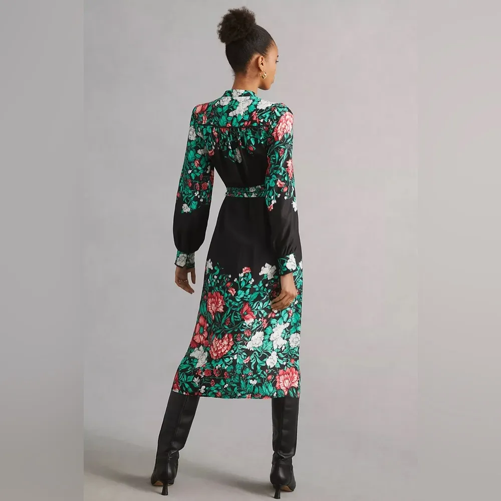By Anthropologie Midi Shirt Dress in Black Floral Motif Belted Midi XXS - Image 2