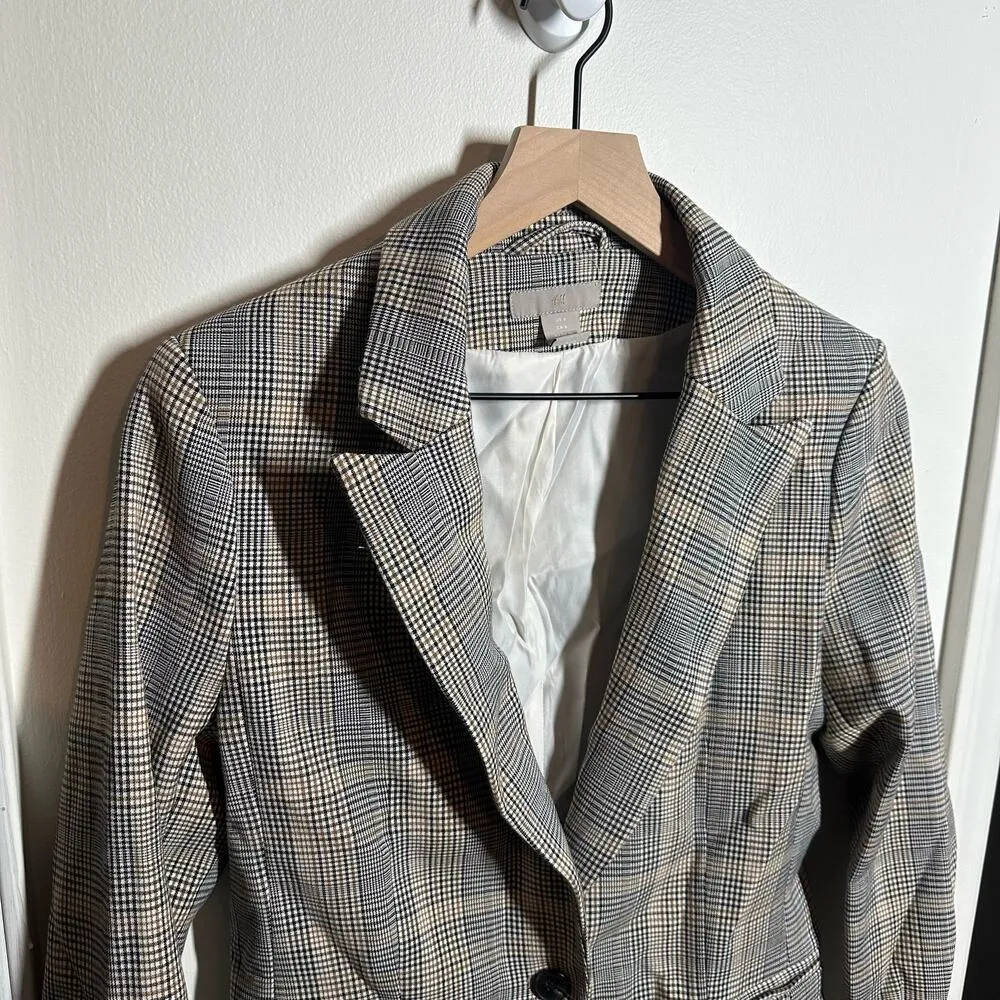 H&M Black White Yellow Oversized Plaid Blazer Size 6 - Image 2
