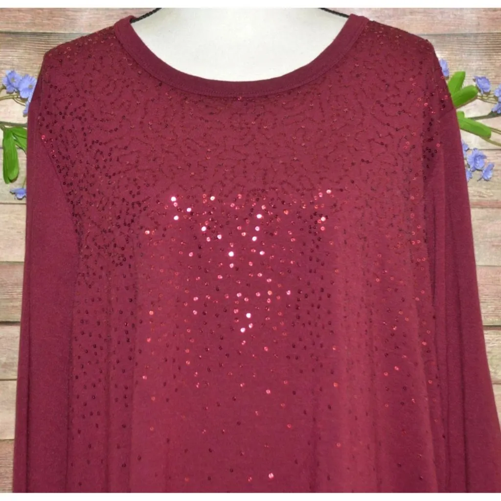 Quacker Factory Womens Plus 3X Maroon Sequin Tunic Thin Knit Shirt Party Holiday - Image 2
