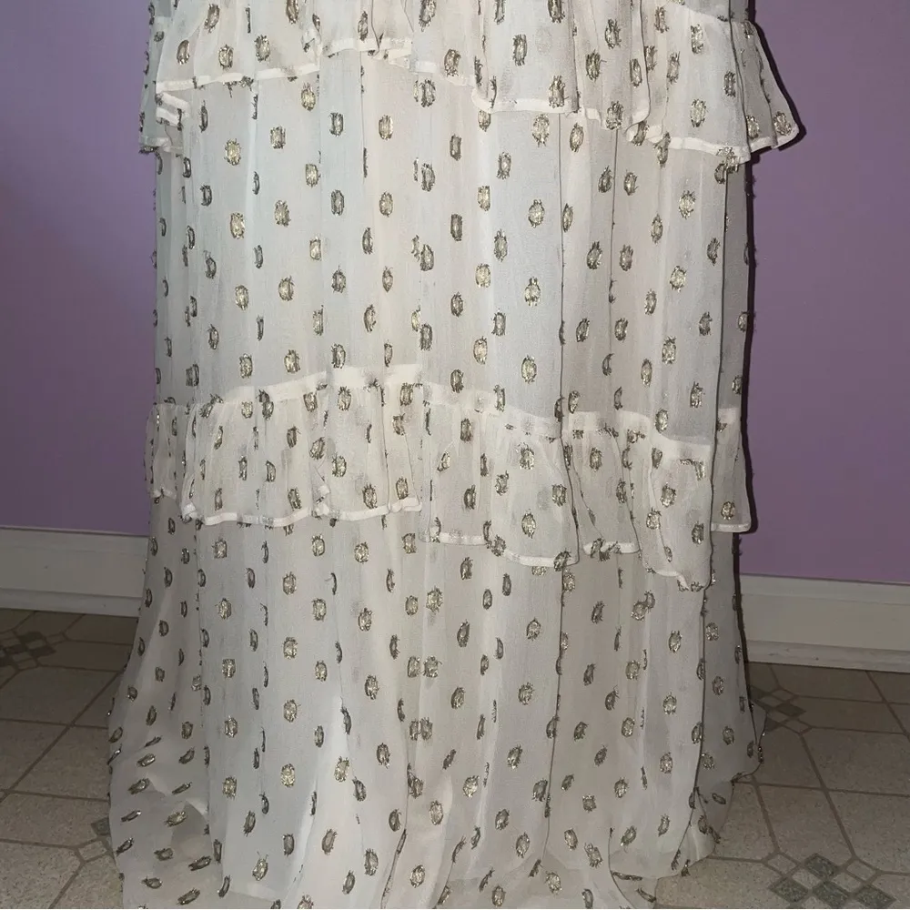 NEW En Creme Maxi Dress M Boho Metallic Polka Dot Cutout Ruffle Tiered - Image 6