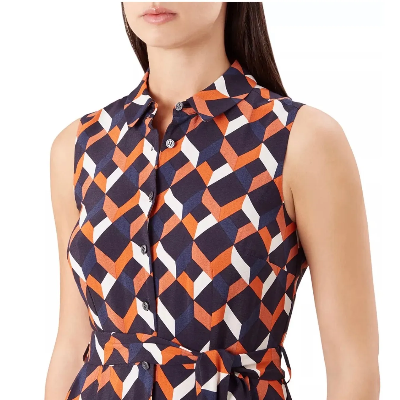 HOBBS London Women’s Suzanna Navy Geometric Belted Shirt Dress size 6 Blue - Image 3