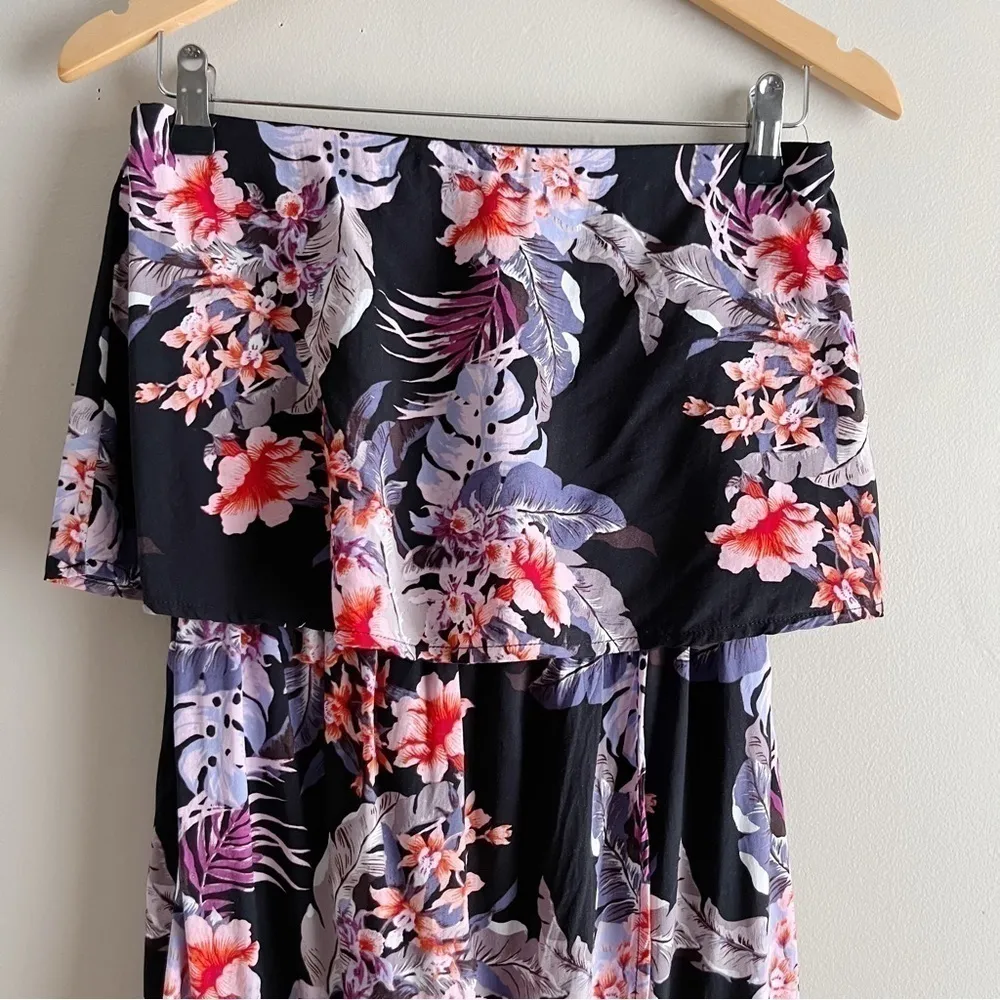 MINKPINK Strapless Dress Draped Overlay Black Purple‎ Tropical Floral Print, XS - Image 3