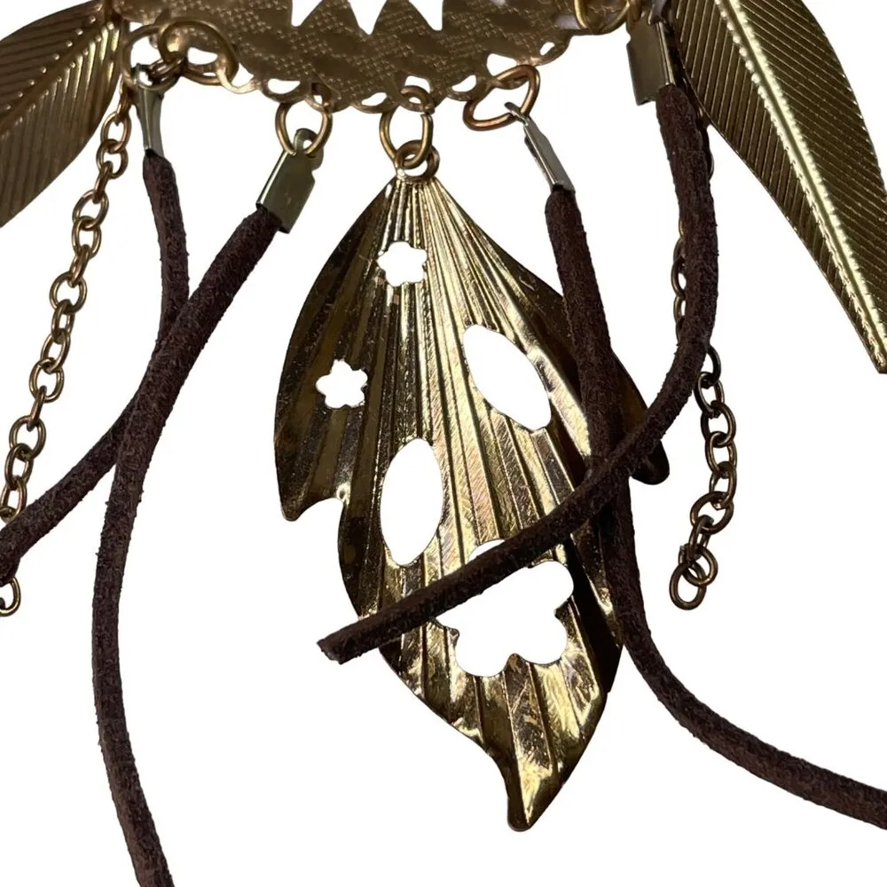 Sun Catcher Statement Necklace Boho Chic Dream Catcher Tassel Leaves Jewelry u Gold - Image 4