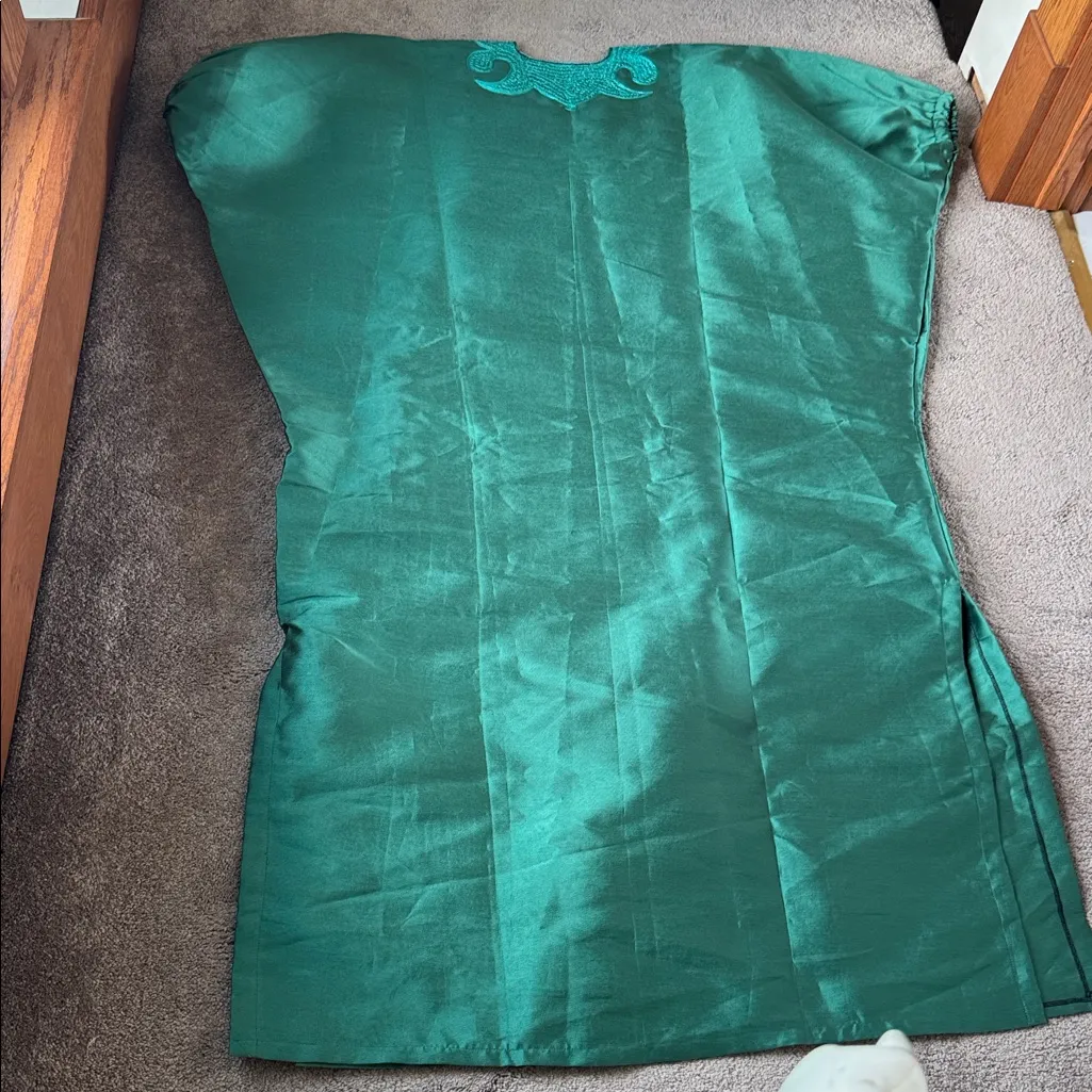 African Mikado Silk Green Embroidered Bubu Dress SIZE OS - Image 4