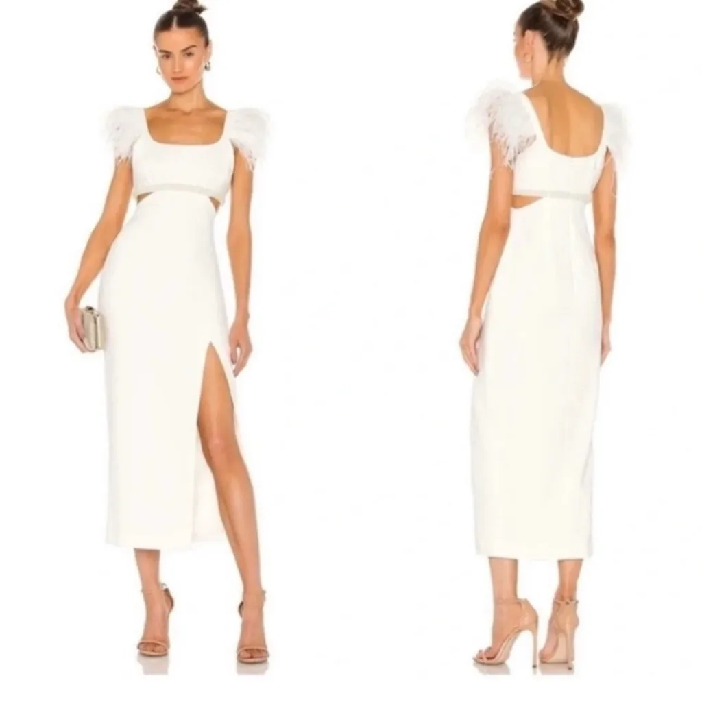 Likely Taliah Feather-Embellished Cut-Out Midi-Dress Formal Bridal White Ivory - Image 3