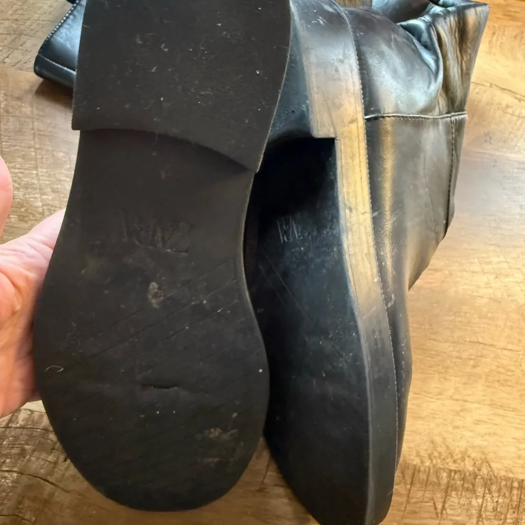 Zara Boots Women 8.5 39 Low Heel Leather Knee High Riding Black Biker Moto - Image 8