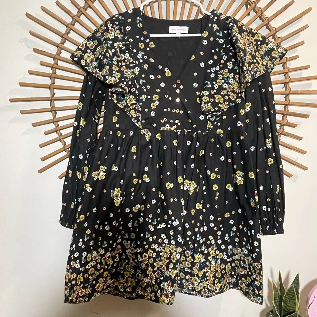Lost + Wander Field of Dreams Black Floral Long Slv Dress Ruffle Boho Prairie - Image 5