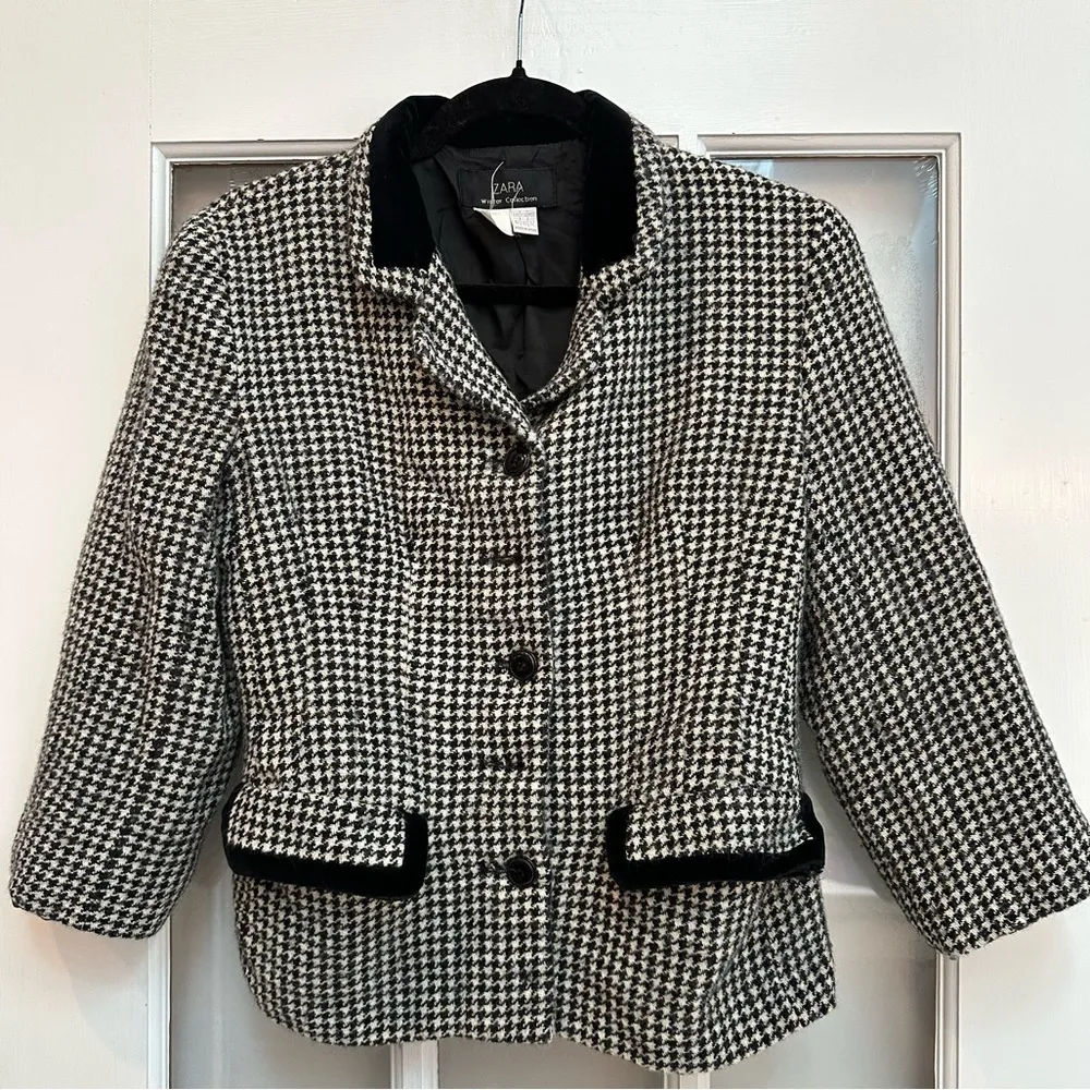 Vintage Zara Black & White Houndstooth Blazer 100% Wool Velvet Trim Size 10 Med - Image 13