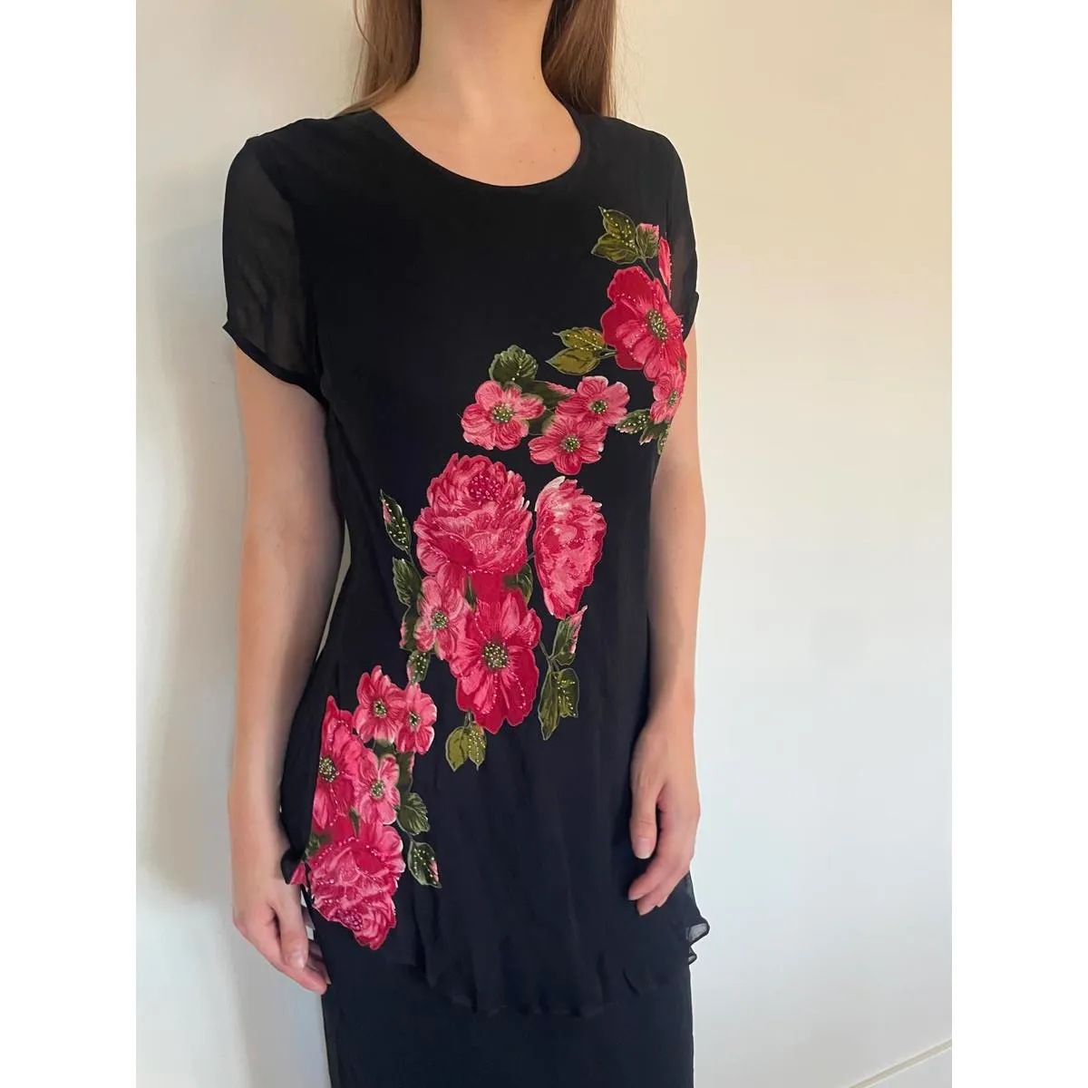 Vintage Tiered Black Mesh Lettuce Trim Floral Sparkly Maxi Dress Size M - Image 3