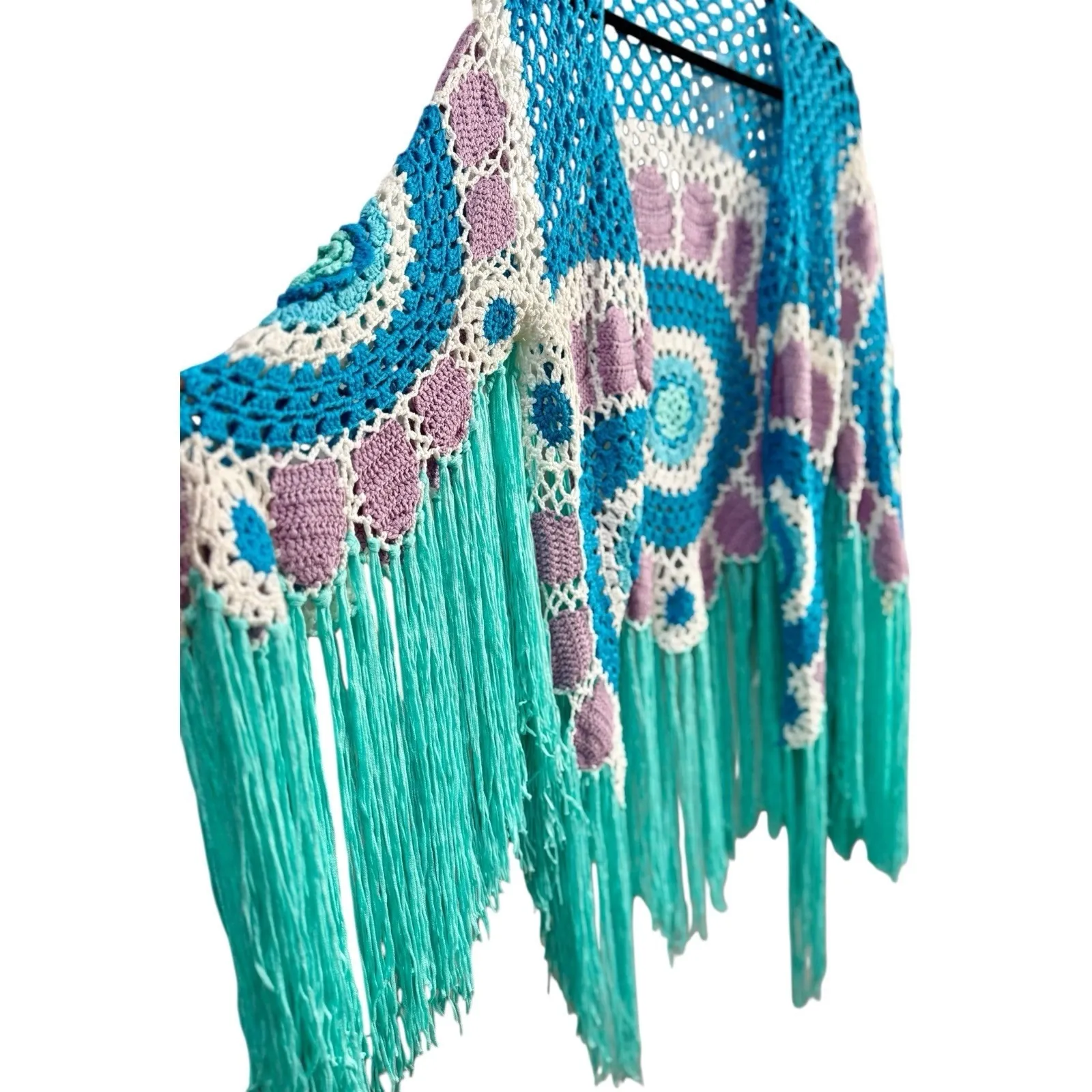 NWT No. 1 Los Angeles Granny Square Crochet Fringe Kimono Duster Boho Hippie Med - Image 2